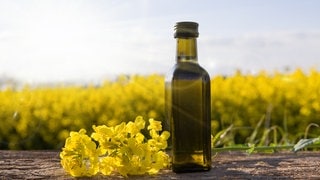 Eine flasche Rapsöl steht neben einer Rapsblüte auf einem Tisch, im Hintergrund ist ein gelb leuchtendes Rapsfeld zu sehen.