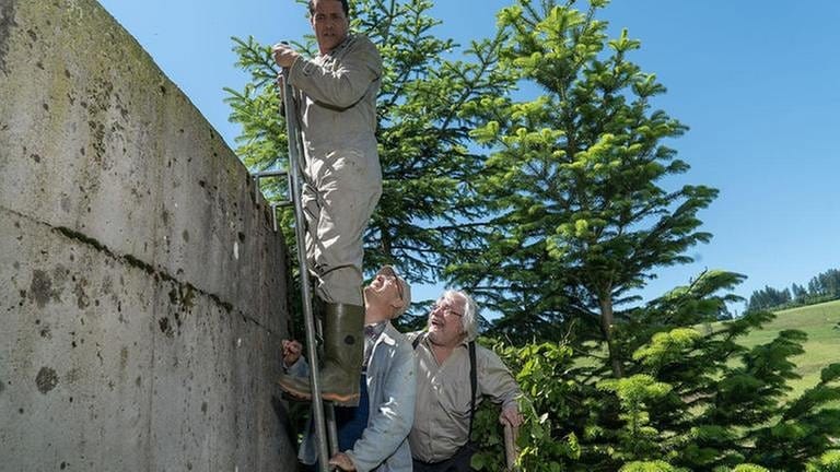 Matthias steht oben auf der Leiter zum Gülletank, Karl und Hermann stehen unten