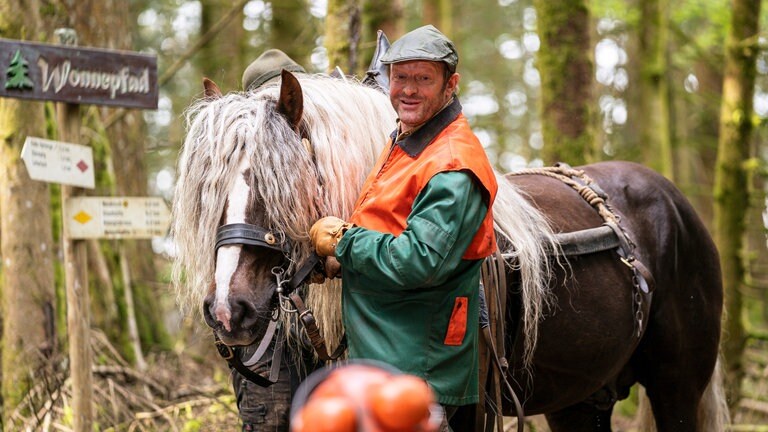 Bernd mit Findus, seinem Rückepferd, im Wald