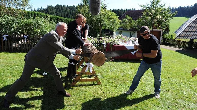 Peter Schell und Teammitglied sägen an einem liegenden Baumstamm