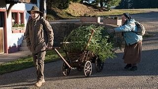 Sebastian zieht den Holzwagen hinter sich her, darin liegt ein kleiner Tannenbaum, Lioba begleitet ihn