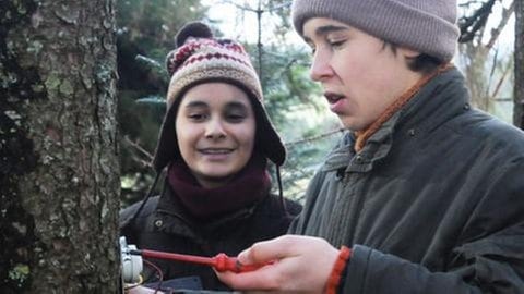 Sebastian und Jenny montieren eine Falle an einen Baum