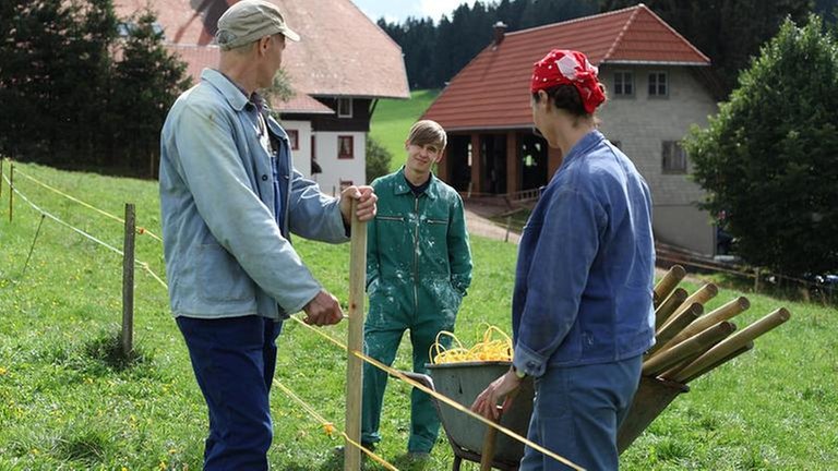 Karl, Sebastian und Sabine arbeiten auf der Wiese hinter dem Fallerhof