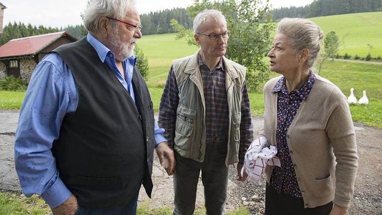 Hermann, Karl und Johanna im Gespräch hinterm Fallerhof