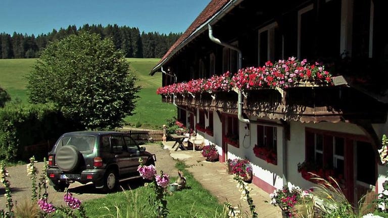 Der Fallerhof mit blühenden Geranien in den Balkonkästen.