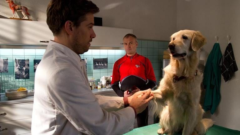 Andreas untersucht Hofhund Willy, im Hintergrund steht Karl und sieht ihm zu