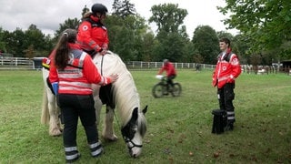 Elke Schneider trägt eine Sanitätsjacke und sitzt auf ihrem Pferd Nemo. 