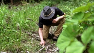 Survival-Profi Ralf Greiner ist Fährtenleser. Er kniet auf dem Waldboden und schaut sich eine Tierspur an.