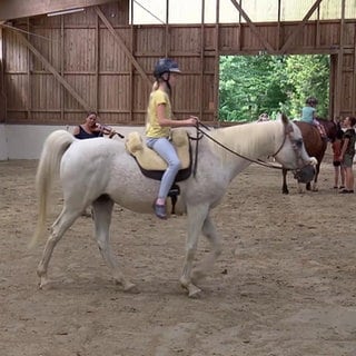 Kinder reiten in einer Reiterhalle