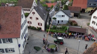 ein Maibaum wird aufgestellt