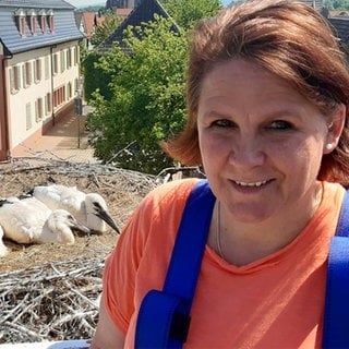 Annette Jung bei der Beringung von Störchen am Rathaus Muggensturm