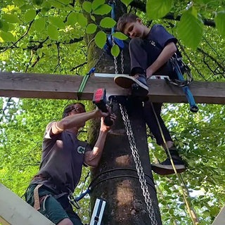 Zwei junge Männer sitzen in einem Baum und arbeiten am Baumhaus 