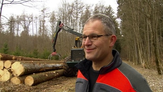 Mann steht im Wald. Holzernetmaschine im Hintergrund