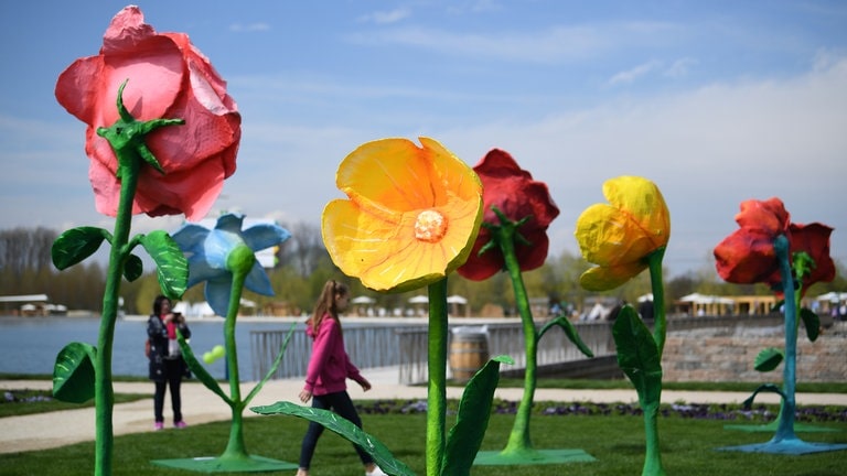 Besucher der Landesgartenschau zwischen einem Kunstwerk aus Blumen