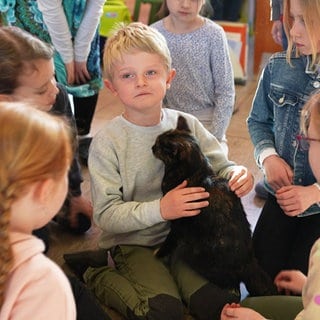 Die Kinder freuen sich über den Besuch von Katze Nele.