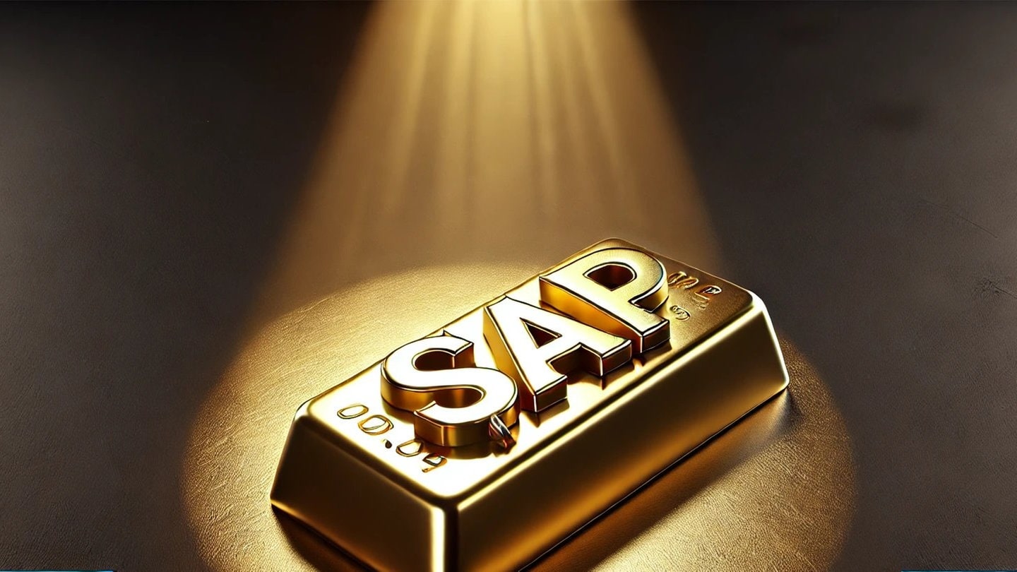 Softwarekonzern an der Börse: Wird SAP zu wertvoll für den Dax?  SAP-Logo auf einem Goldbarren im Scheinwerferlicht.