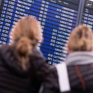 Zwei langhaarige Personen stehen mit dem Rücken zur Kamera zu einer Fluganzeigetafel blickend. Ein Großteil der Flüge ist dabei annulliert.