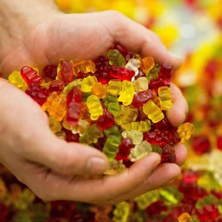 Zwei Hände halten eine handvoll bunter Gummibärchen. Im Hintergrund ist weitere zuckerhaltige Fruchtgummi-Süßigkeiten zu sehen.