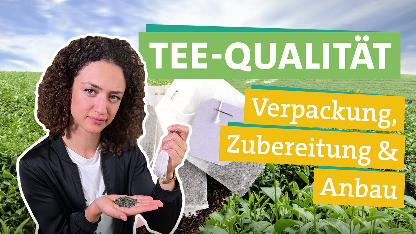 Tee - was ist die beste und nachhaltigste Wahl? In der linken Bildhälfte schaut Ökocheckerin Maral Bazargani herausfordernd in die Kamera und hält dabei in ihrer rechten Hand losen Tee und in ihrer linken Hand einen Teebeutel. In der rechten Bildhälfte steht unterlegt von farbigen Bändern 