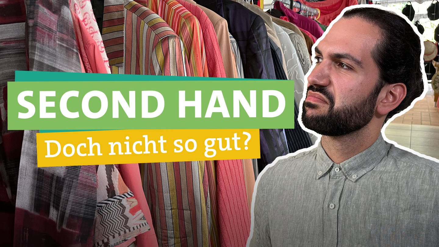 Wie nachhaltig ist Second Hand wirklich? Ökochecker Panagiotis Fotiadis in der rechten Bildhälfte schaut sehr skeptisch nach links rüber. Dort steht, jeweils unterlegt von farbigen Bändern 