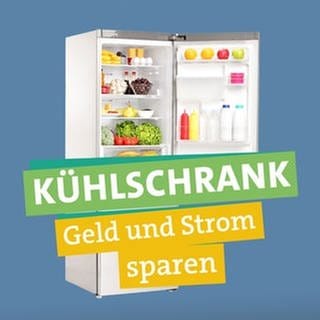 Wie sich mit einfachen Tricks Geld und Energie beim Kühlschrank sparen lassen, findet Ökochecker Joti heraus. In der rechten Bildhälfte schaut Ökochecker Joti fragend in die Kamera. Links neben ihm steht „KÜHLSCHRANK“ „Geld und Strom“ „sparen“ jeweils unterlegt mit farbigen Bändern. Im Hintergrund schaut man in einen geöffneten Kühlschrank. 