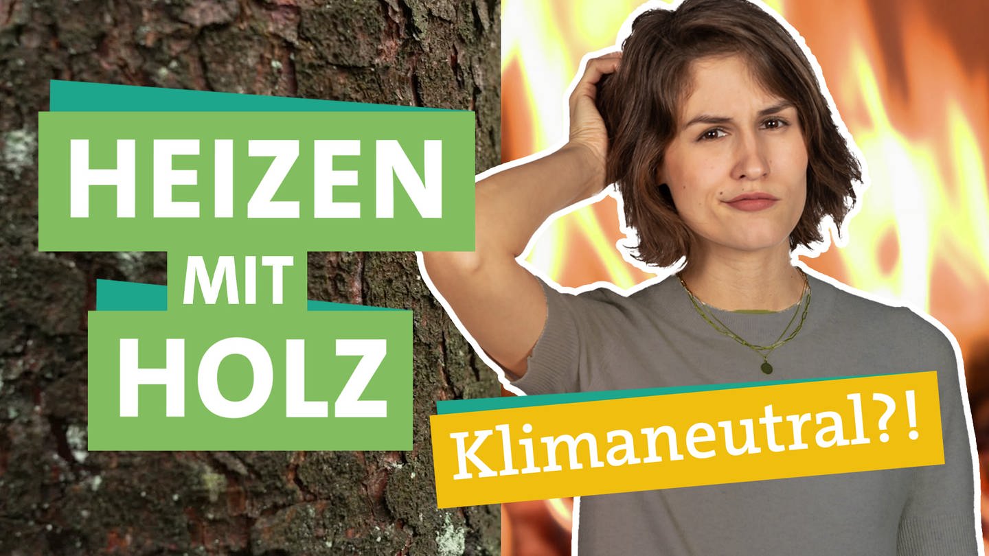 Wie klimaschädlich ist das Heizen mit Holz wirklich? In der rechten Bildhälfte schaut Ökocheckerin Katharina Röben neugierig in die Kamera. Links im Bild sieht man einen großen Baumstamm. Im Vordergrund steht 