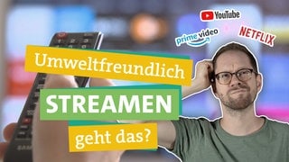 Ökochecker Tobi grübelt ob nachhaltiges Streamen möglich ist, dazu die Logos von Netflix, YouTube und amazon prime