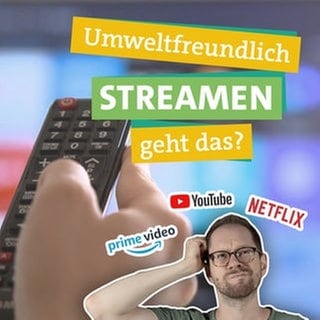 Ökochecker Tobi grübelt ob nachhaltiges Streamen möglich ist, dazu die Logos von Netflix, YouTube und amazon prime