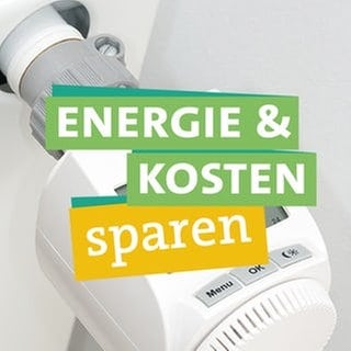 So kann man Energie und Heizkosten sparen. Ökochecker Tobias Koch in der Bildmitte schaut lachend in die Kamera. Links von ihm steht unterlegt von farbigen Bändern "Energie &" "Kosten" "sparen". Im Hintergrund erkennt man in Nahaufnahme ein elektronisches Thermostatventil an einem Heizkörper.