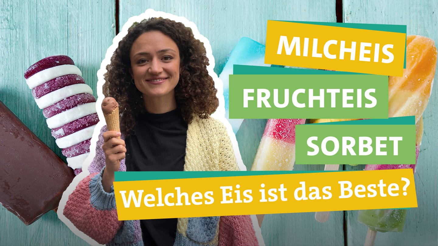 Ökocheckerin Maral Bazargani in der linken Bildhälfte hält in ihrer rechten Hand eine Kugel Eis in der Waffel. Rechts von ihr in der anderen Bildhälfte stehen die Wörter  