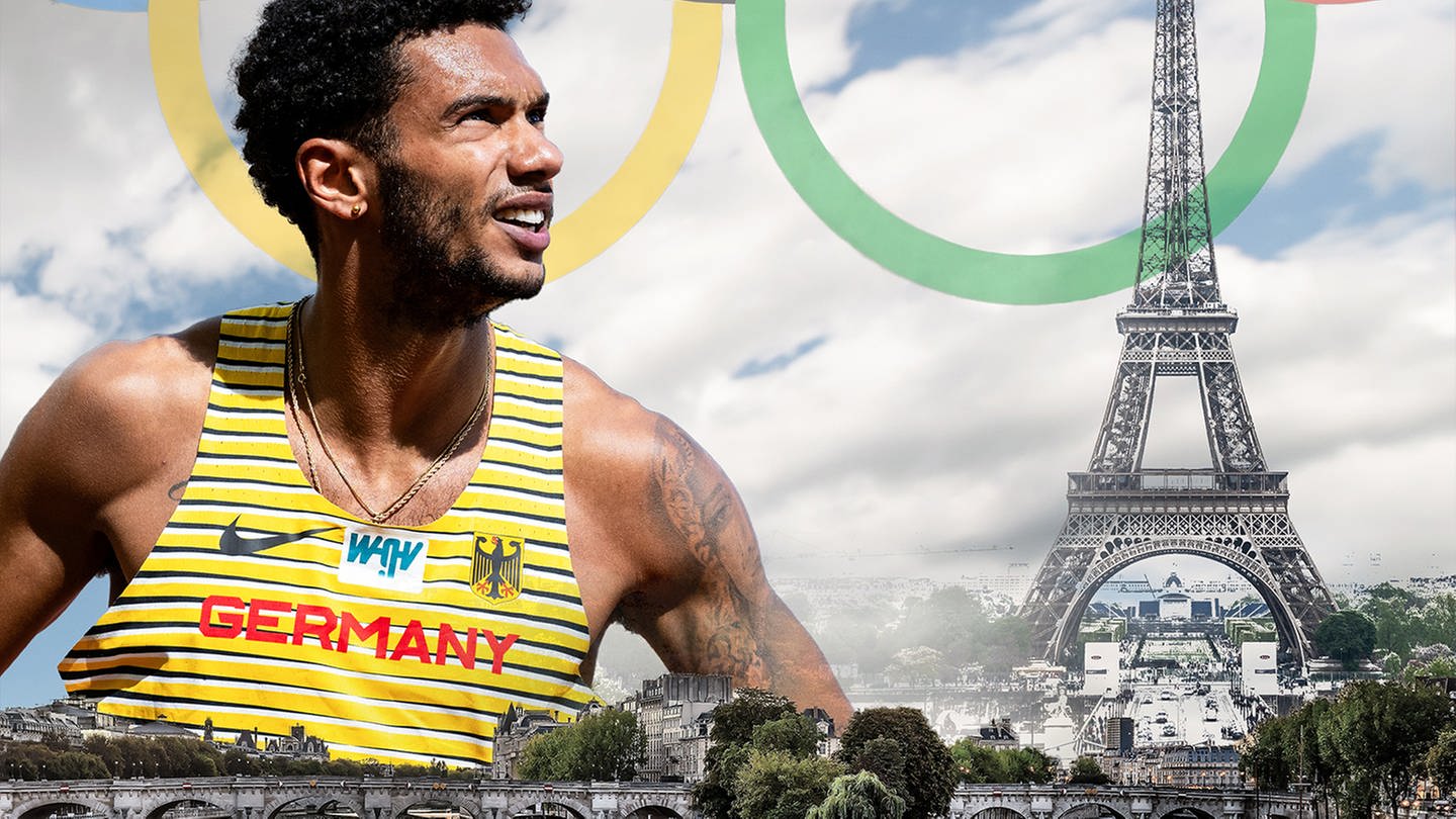 Zu sehen ist ein Athlet, der Eiffelturm, die Seine und die olympischen Ringe.