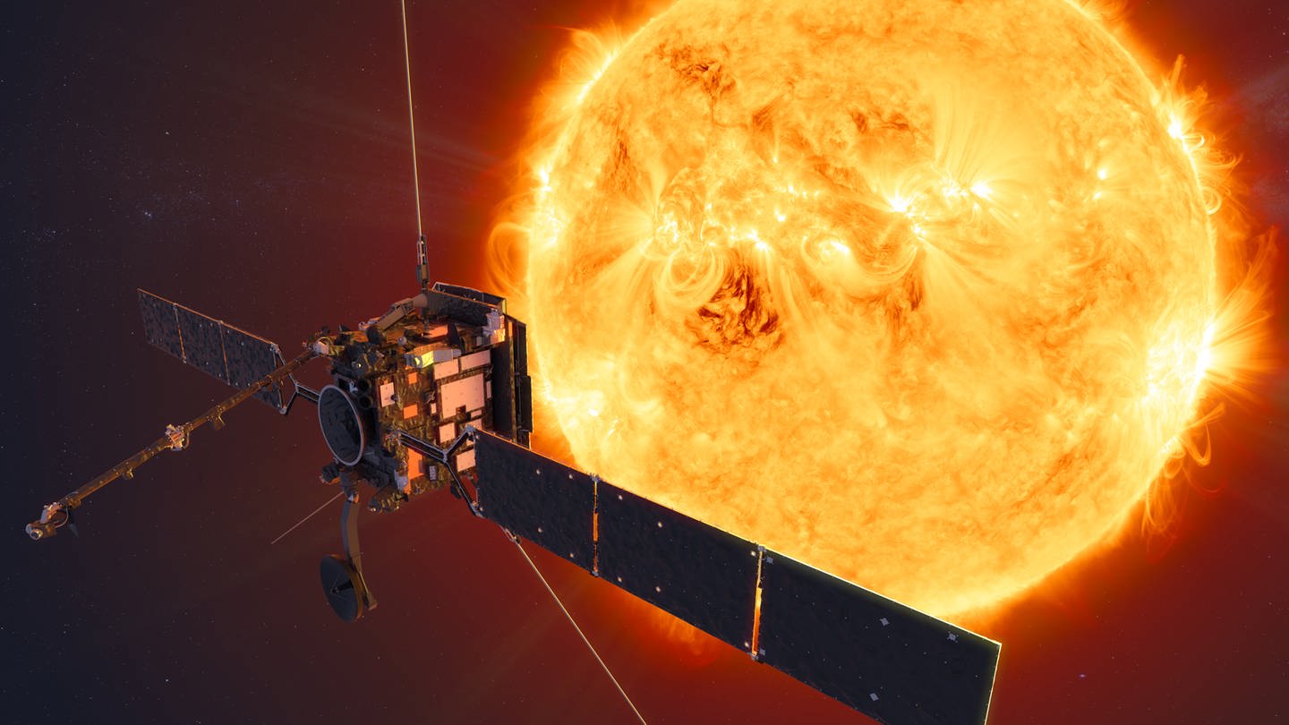 Die undatierte Computerzeichnung zeigt den Solar Orbiter vor der Sonne