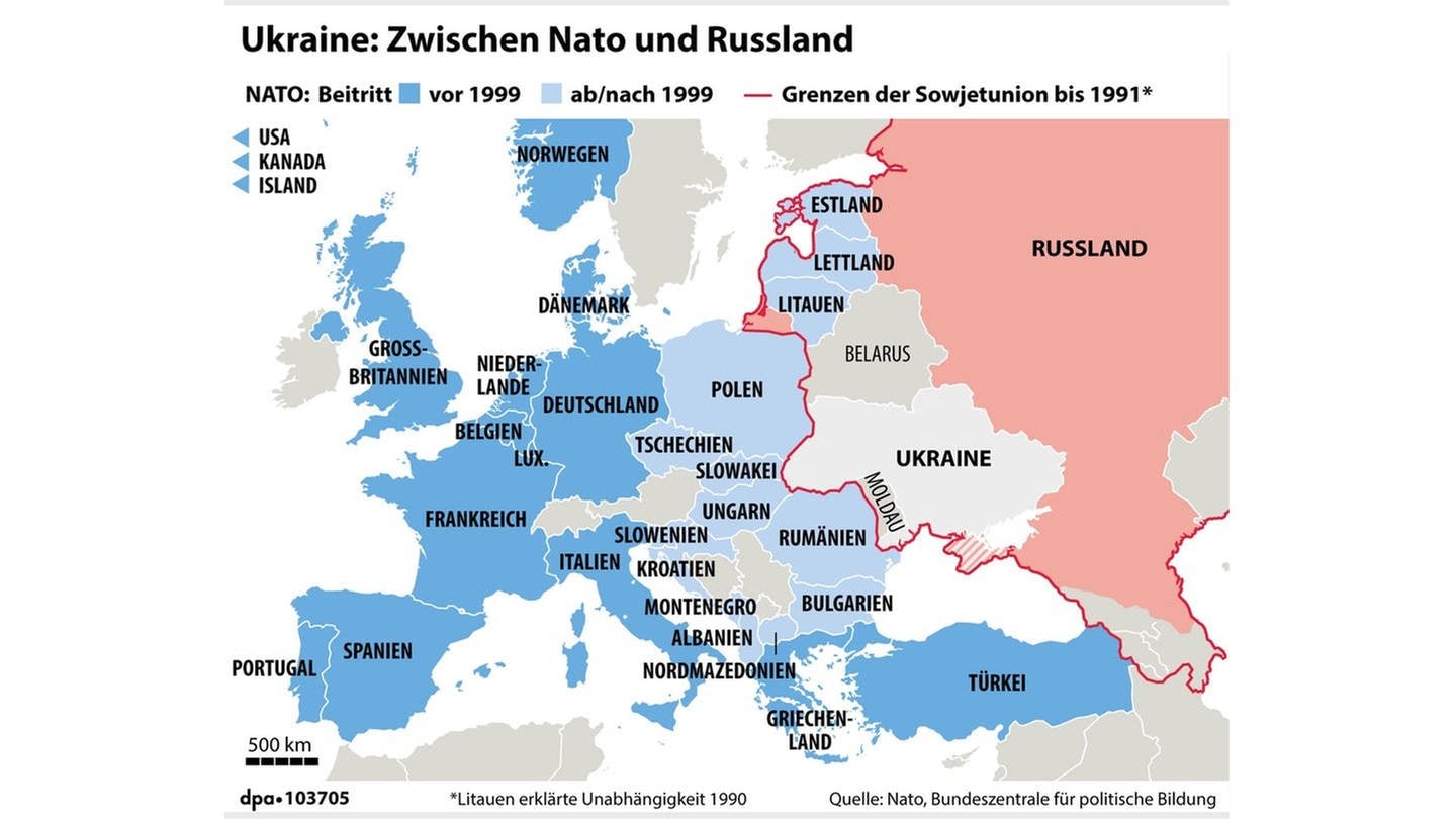 Grafik: Karte der Nato-Mitglieder und Grenzen der Sowjetunion bis 1991