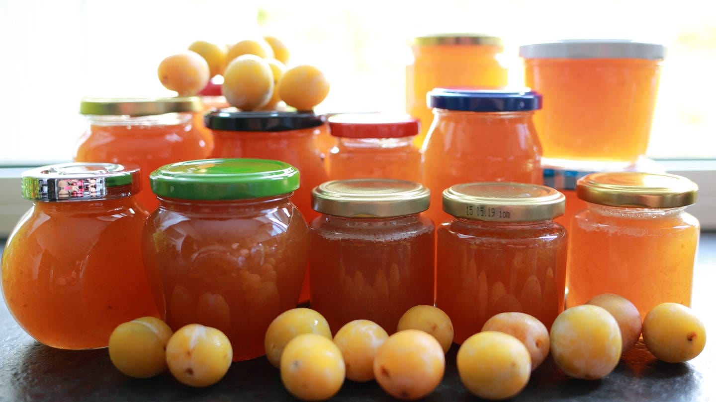Verschiedene Gläser und Früchte: selbst gemachte Marmelade ist lecker