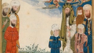 Mohammed, seine Tochter Fatima, sein Vetter Ali ibn Abi Talib (Mohammeds Vetter und durch Heirat mit Fatima auch sein Schwiegersohn) und seine beiden Enkel al-Hasan u. al-Husain. Miniatur aus einer arabischen Handschrift (18.Jh.) 