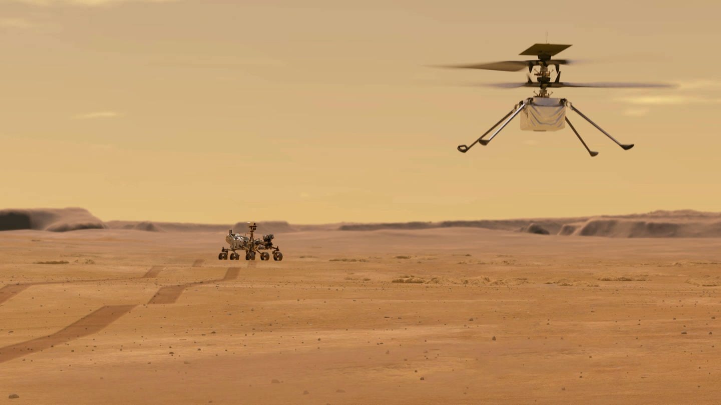 Illustration des NASA-Ingenuity-Mars-Hubschraubers im Flug, während der Perseverance-Rover wegrollt. Der Mars-Rover Perseverance ist am 18. Februar 2021 erfolgreich gelandet. Ingenuity ist  das erste Flugzeugn, das einen kontrollierten Flug auf einem anderen Planeten versucht.