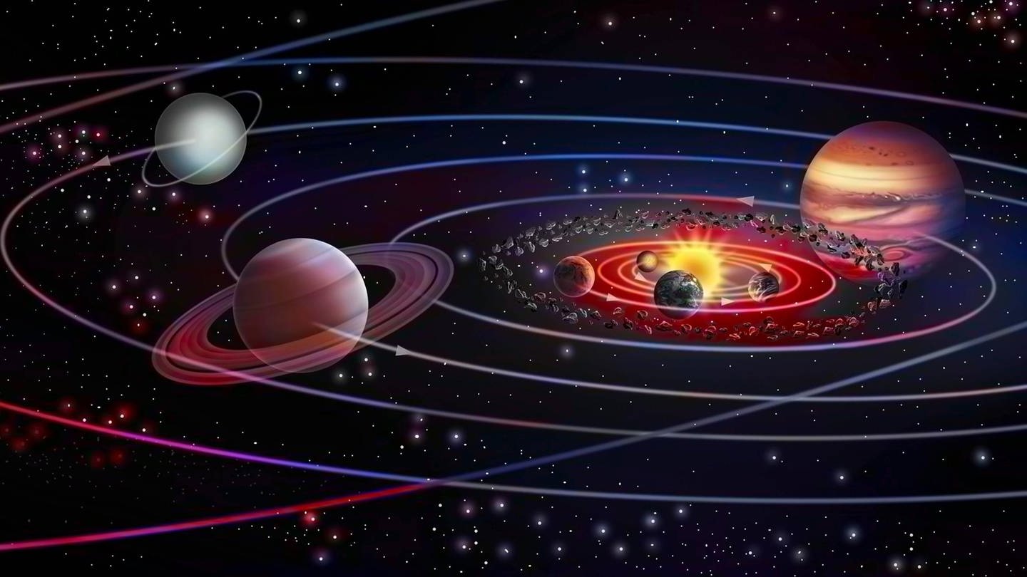 Planetensystem: Planeten und Sonnen sind entstanden, weil sich Materie zusammenballte: Kosmischer Staub und Brocken zogen sich gegenseitig an, bildeten Klumpen und je größer die Klumpen wurden, desto größer wurde jeweils ihre Schwerkraft. Und weil die Schwerkraft in alle Richtungen gleich wirkt, ist die Kugel die Form, bei der die Gravitationskräfte im Gleichgewicht sind.