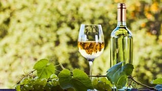 Trauben, Weinglas und Weinflasche: Über die Hälfte der Emissionen von Wein entsteht durch die Verpackung – der versteckte Klimakiller ist die Glasflasche