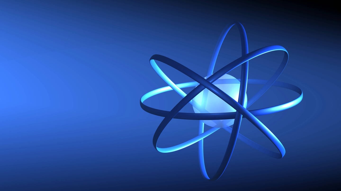 Stilisiertes blaues Atommodell: Ist das Sonnensystem mit dem Modell eines Atoms vergleichbar? Nein, die scheinbare Ähnlichkeit ist Zufall.