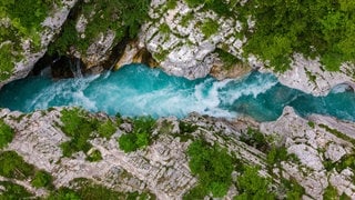 Blick in eine Schlucht, in der türkisfarbenes Wasser fließt: Die Soča (italienisch: Isonzo) ist ein Fluss in Slowenien und entspringt in den Julischen Alpen. Für die intensive Farbe von Gebirgsflüssen sorgt die Gletschermilch.