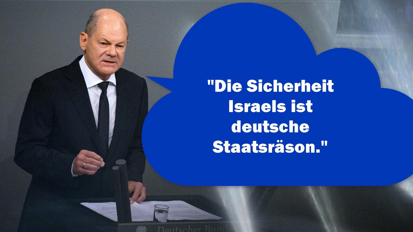 Bundeskanzler Olaf Scholz (SPD) gab am 12. Oktober 2023 in der Plenarsitzung im Deutschen Bundestag eine Regierungserklärung zur Lage in Israel ab. Unter anderem sagte er: 