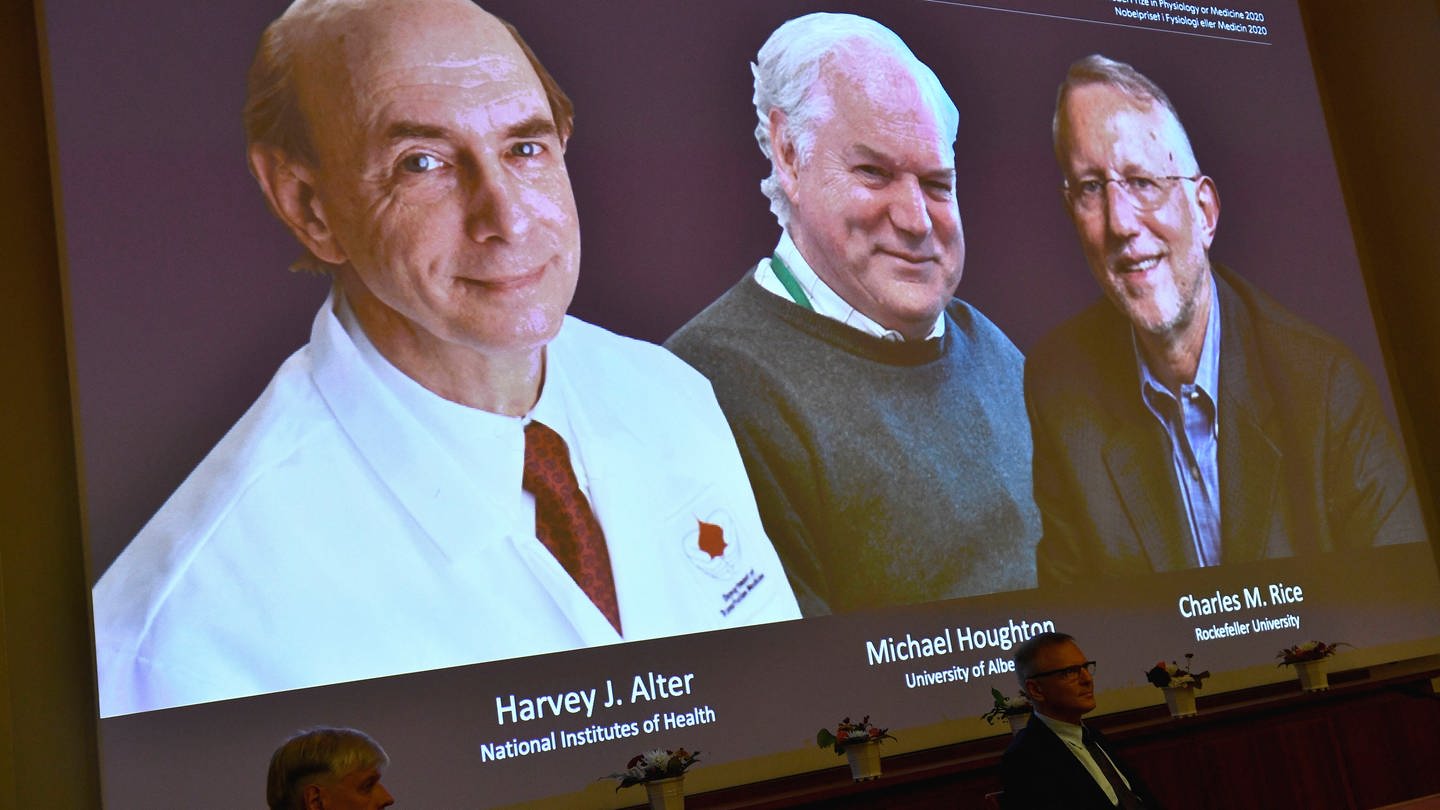 Die Nobelpreisträger für Medizin und Physiologie 2020:  Harvey J. Alter, Michael Houghton und Charles M. Rice.