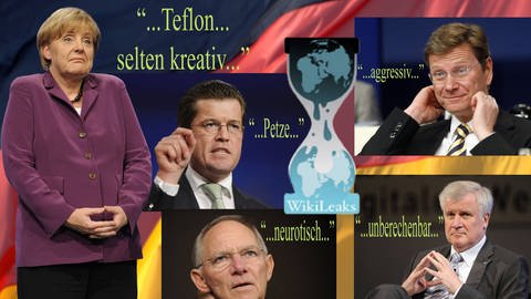 Fotocollage von Angela Merkel und anderen Politikern mit Spitznamen versehen.