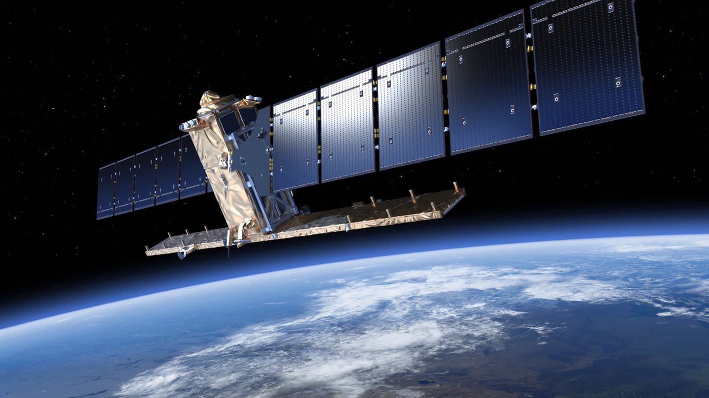Zahlreiche Erdbeobachtungssatelliten der ESA wie hier ein Sentinel tasten aus 700 Kilometer Höhe die Erdoberfläche ab.