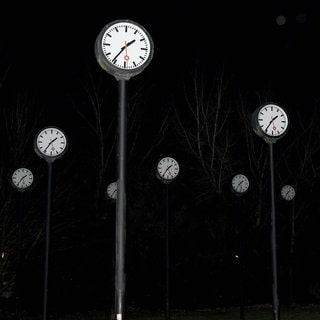 Das Zeitfeld wurde vom Künstler Klaus Rinke im Volkspark in Düsseldorf aufgestellt. 24 Bahnhoftsuhren sollen die gleiche Zeit anzeigen