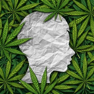 Schablone eines Kinderkopfs im Profil mit Cannabis Blättern im Hintergrund.
