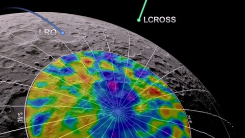 Laufbahnen der NASA-Sonde LRO und LCROSS über dem Mond Südpol.