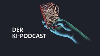 Logo KI-Podcast: Stilisierte Hand, die ein Smartphone hält, aus dem leuchtende Linien und Punkte in verschiedenen Farben herauskommen