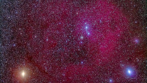 Der Stern Beteigeuze im Sternbild Orion (links unten im Bild) hat riesige Flecken. Das könnte erklären, warum er in den letzten Monaten an Leuchtkraft verloren hat.