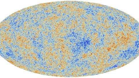 Vom Planck Satelliten erstellte Karte des ältesten Lichts im Universum - blaue Stellen zeigen eine kühlere Temperatur an als rote